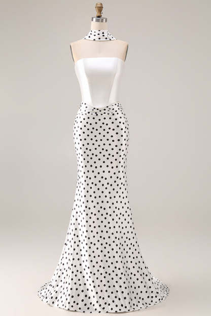 Leely Women Black and White Polka Dots Long Satin Prom Dress Mermaid Neck Scarf Evening Dress
