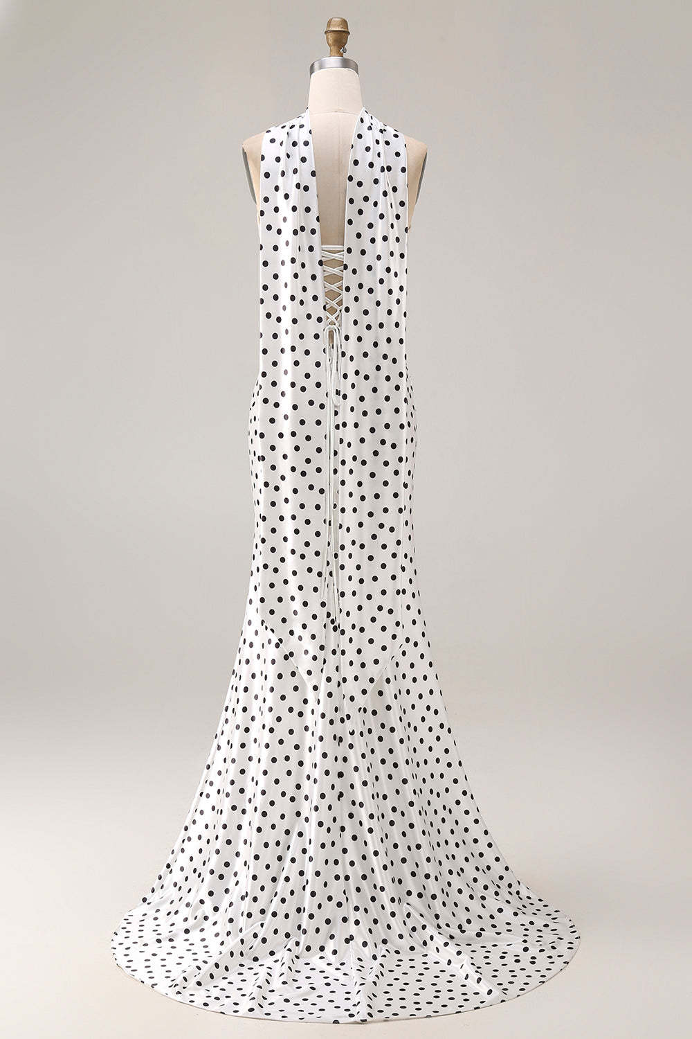 Black and White Polka Dots Neck Scarf Long Mermaid Prom Dress