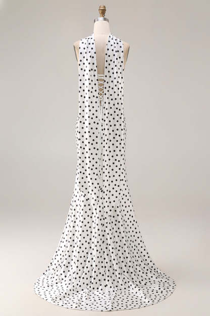 Black and White Polka Dots Neck Scarf Long Mermaid Prom Dress