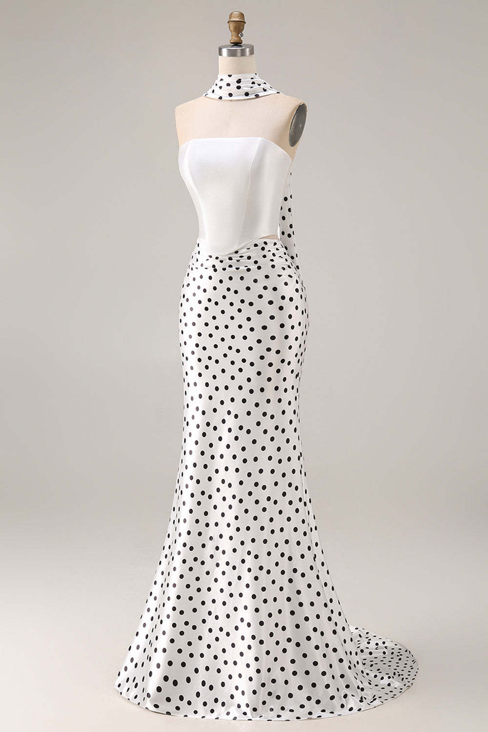 Black and White Polka Dots Neck Scarf Long Mermaid Prom Dress
