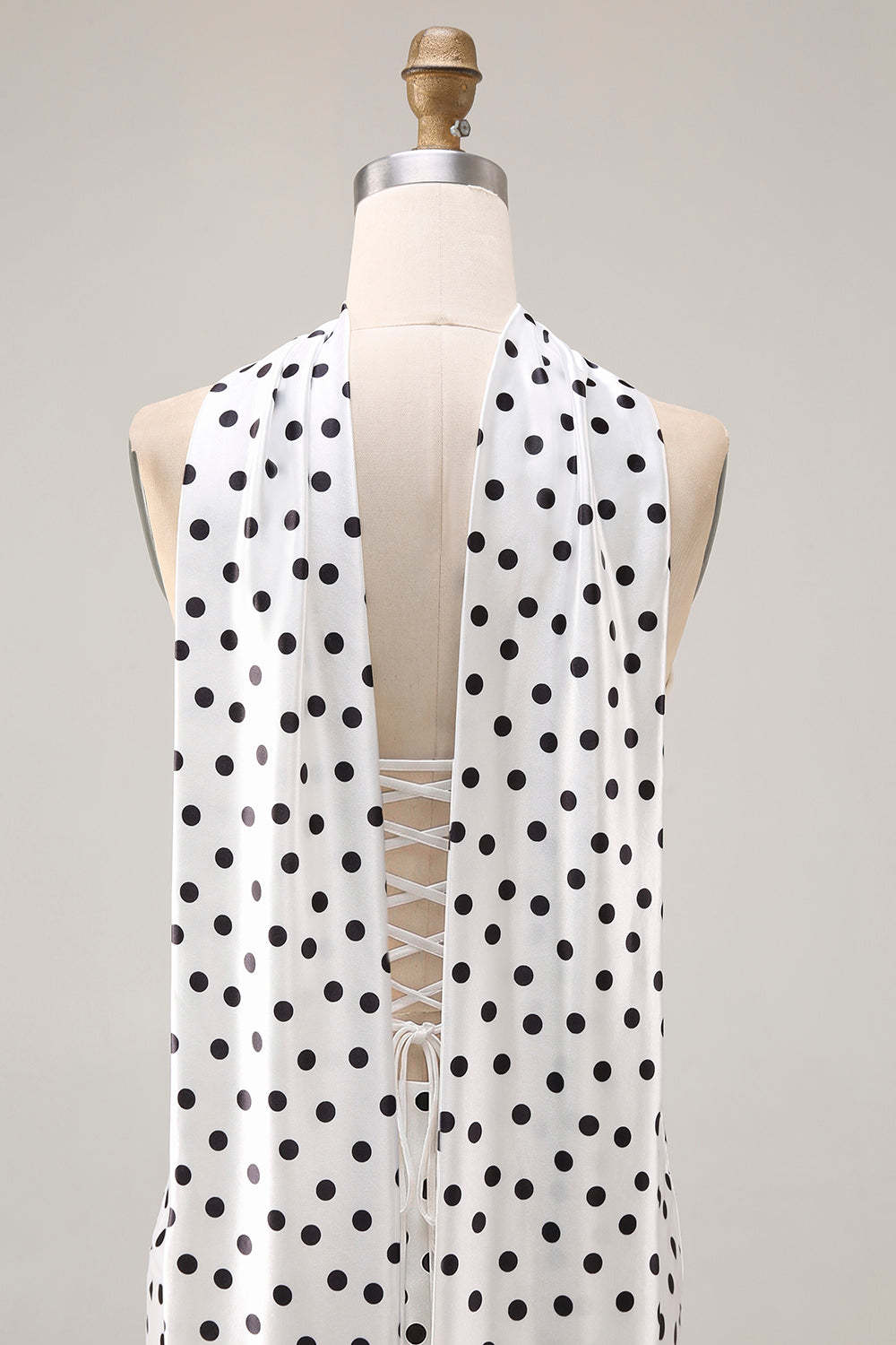 Black and White Polka Dots Neck Scarf Long Mermaid Prom Dress