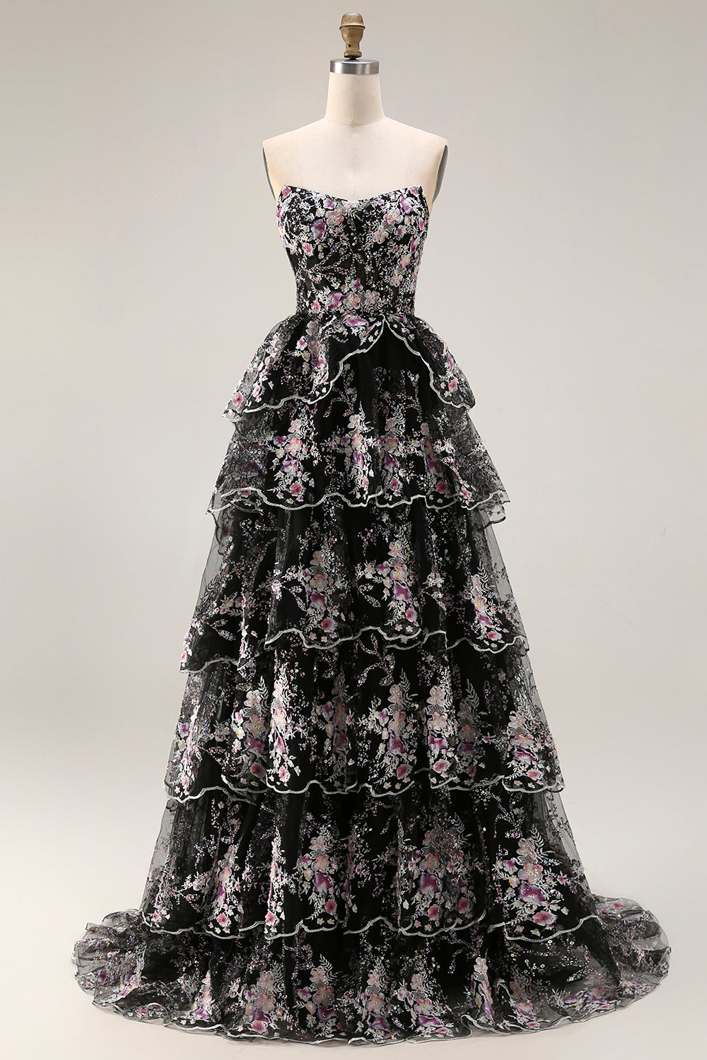 Sparkly Black Pink Floral Lace A Line Tiered Strapless Long Prom Dress