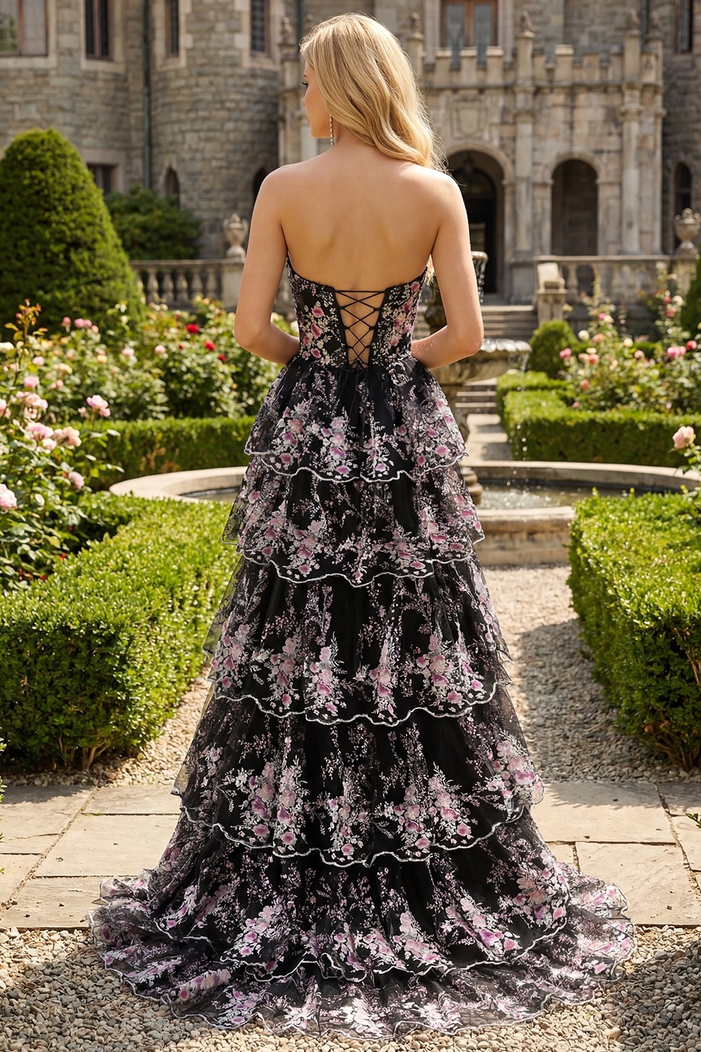 Sparkly Black Pink Floral Lace A Line Tiered Strapless Long Prom Dress