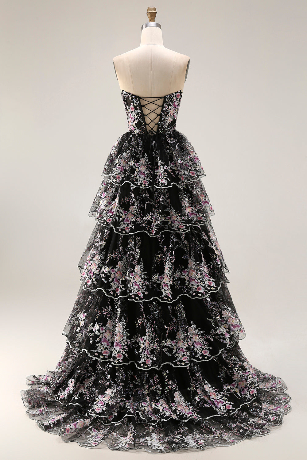 Sparkly Black Pink Floral Lace A Line Tiered Strapless Long Prom Dress