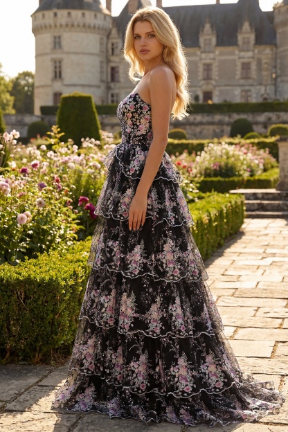 Sparkly Black Pink Floral Lace A Line Tiered Strapless Long Prom Dress