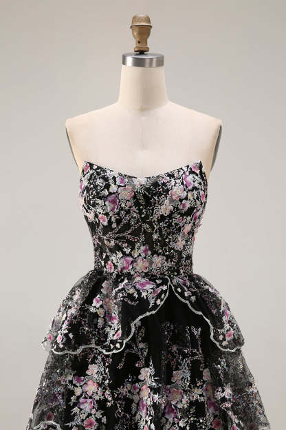 Floral White and Pink A Line Tiered Corset Lace Long Prom Dress