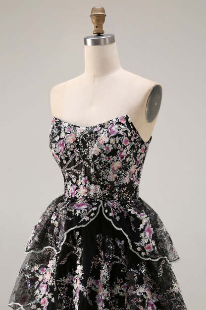 Floral White and Pink A Line Tiered Corset Lace Long Prom Dress