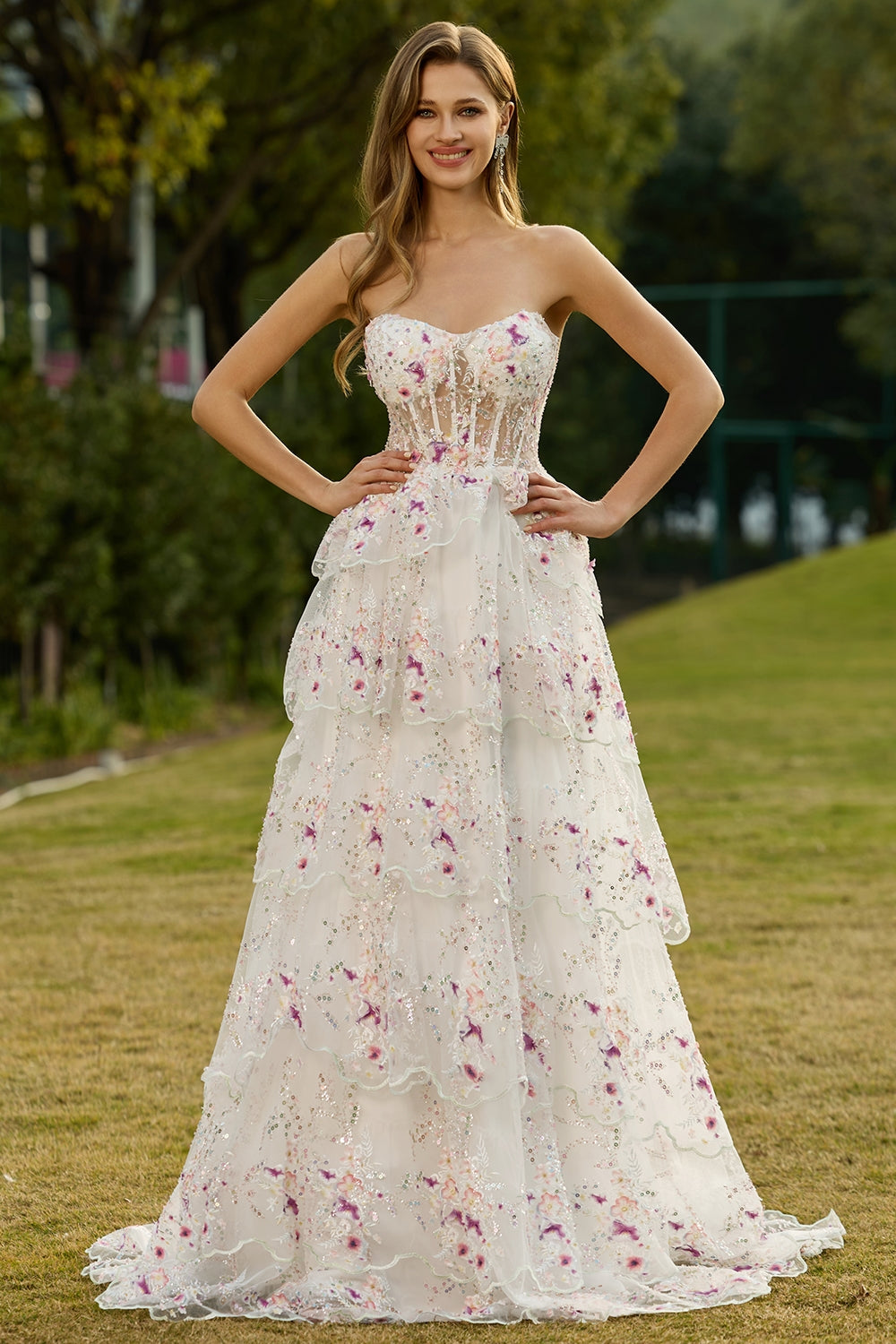 Floral White and Pink Sparkly Princess Tiered Maxi Prom Dress with Ruffles