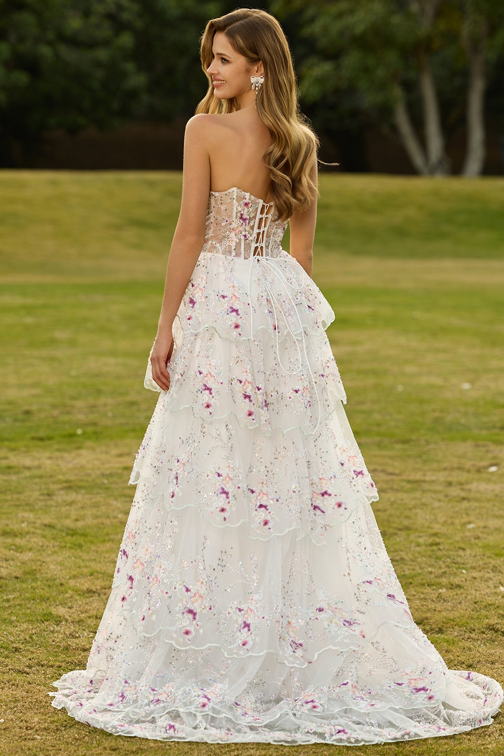Floral White and Pink Sparkly Princess Tiered Maxi Prom Dress with Ruffles
