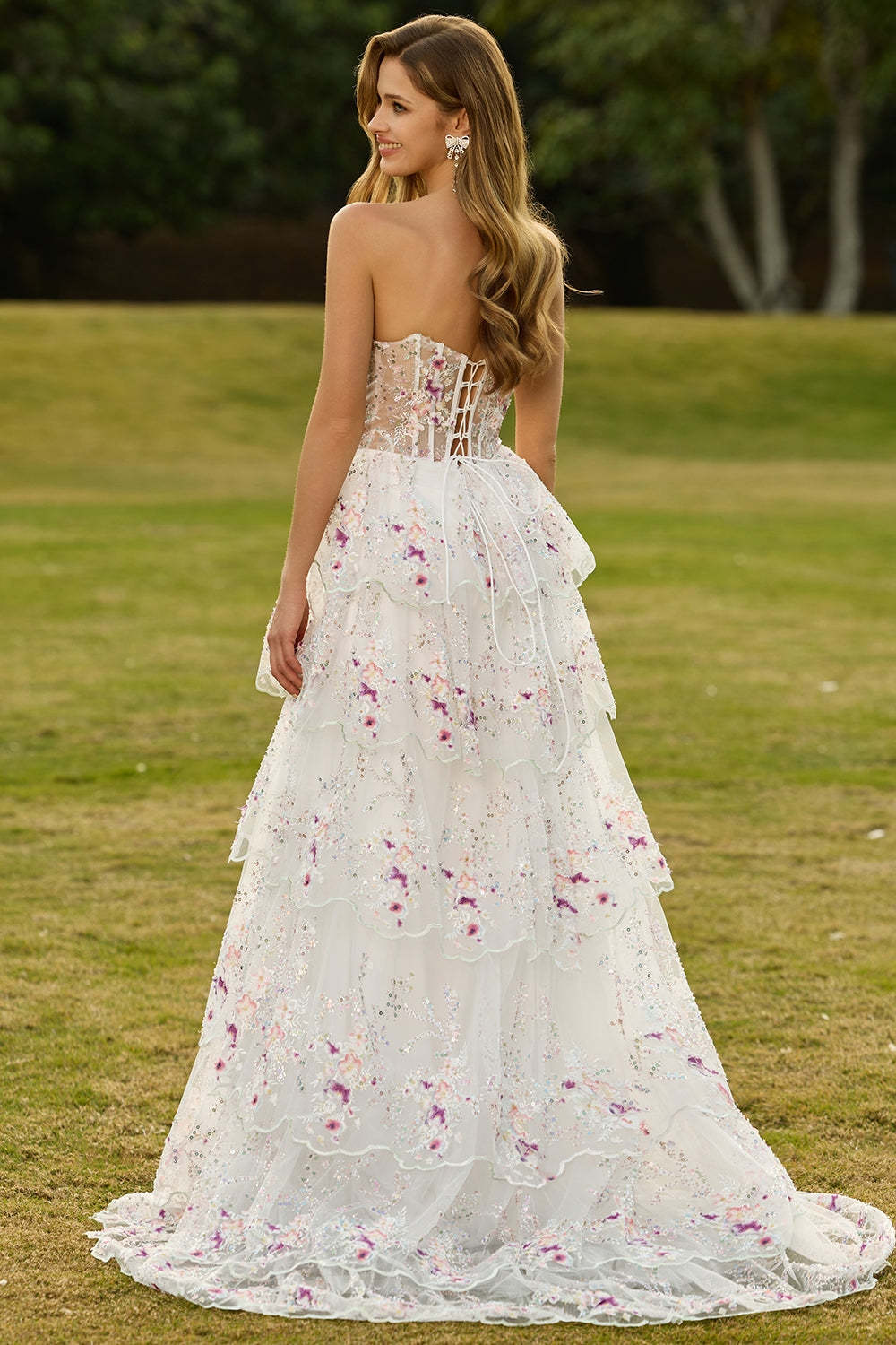 Floral White and Pink Sparkly Princess Tiered Maxi Prom Dress with Ruffles