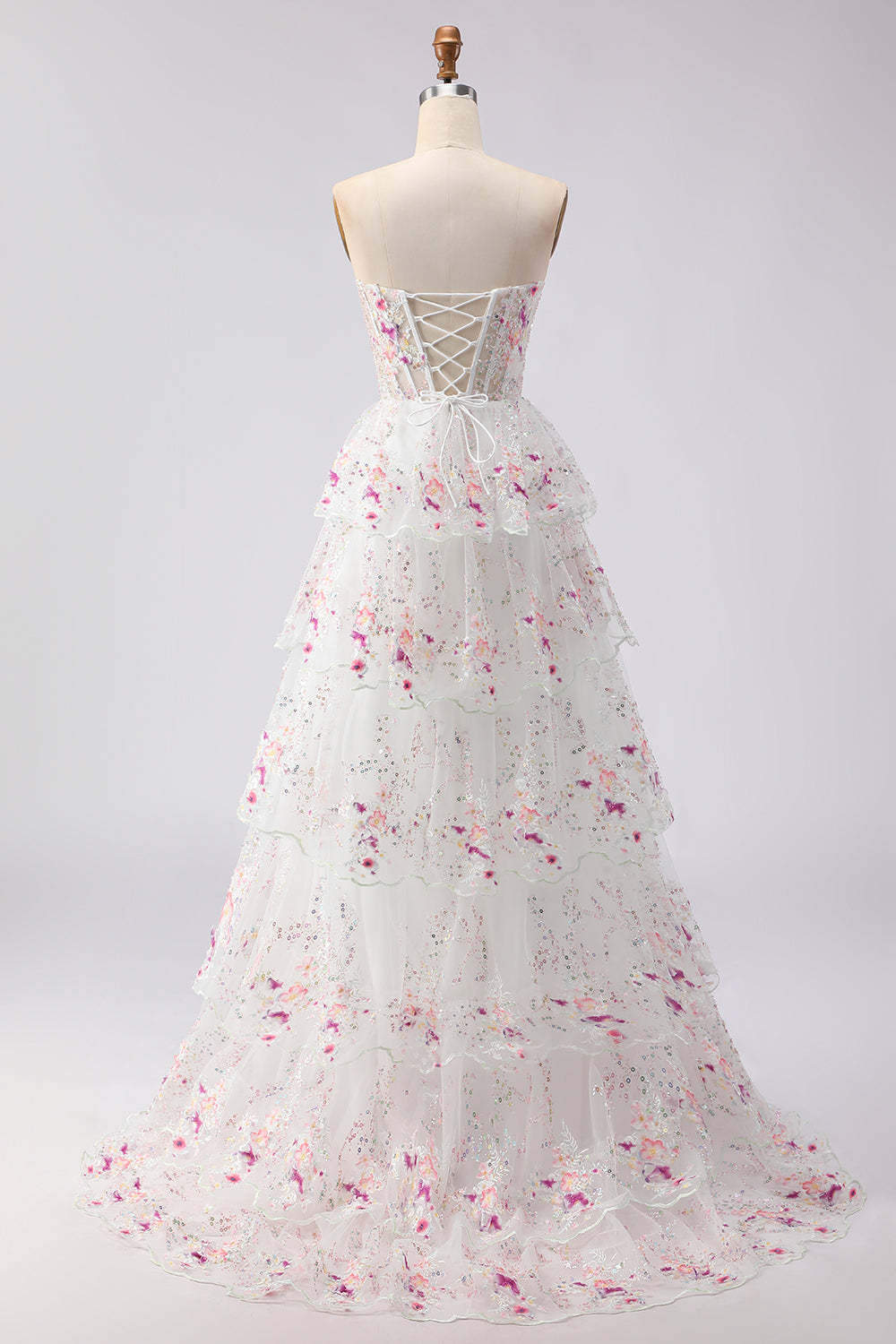Floral White and Pink Sparkly Princess Tiered Maxi Prom Dress with Ruffles