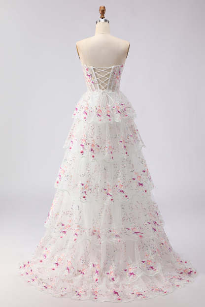 Floral White and Pink Sparkly Princess Tiered Maxi Prom Dress with Ruffles