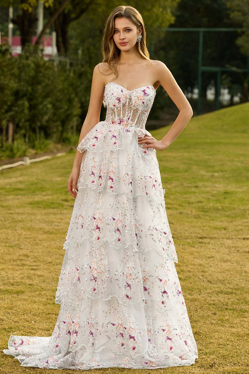 Floral White and Pink Sparkly Princess Tiered Maxi Prom Dress with Ruffles
