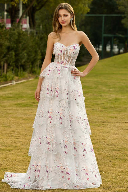 Floral White and Pink Sparkly Princess Tiered Maxi Prom Dress with Ruffles