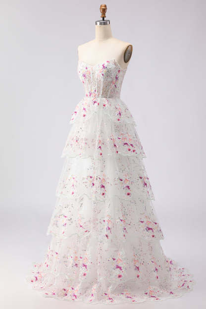 Floral White and Pink A Line Tiered Corset Lace Long Prom Dress