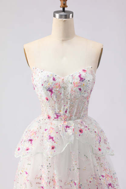 Floral White and Pink A Line Tiered Corset Lace Long Prom Dress