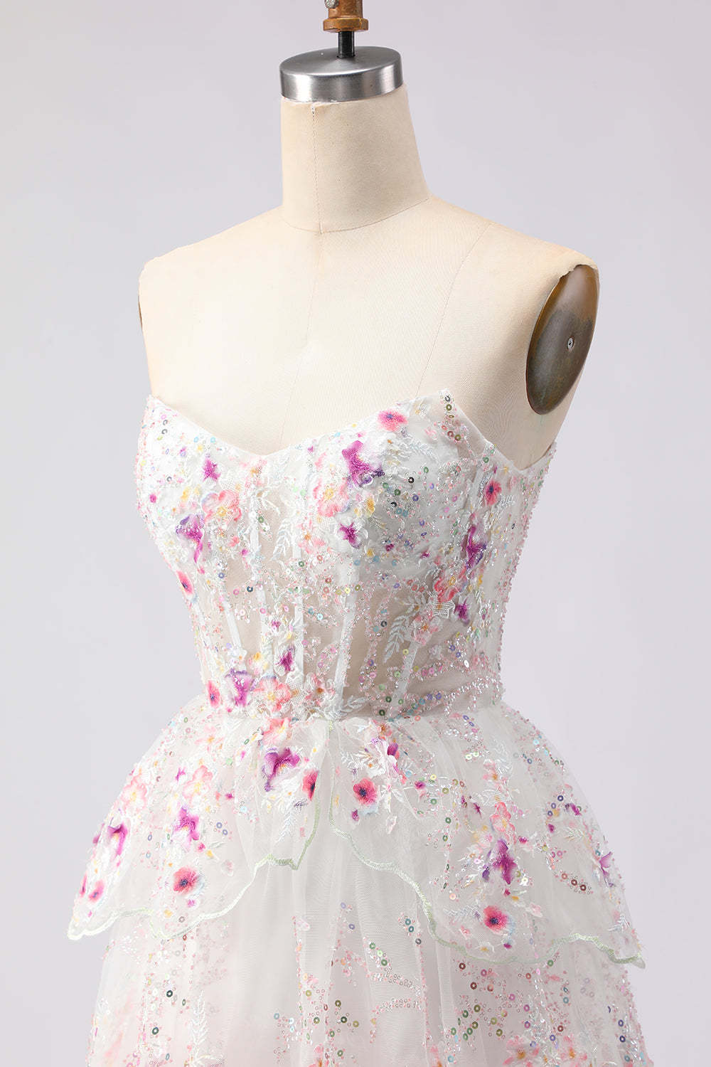 Floral White and Pink A Line Tiered Corset Lace Long Prom Dress