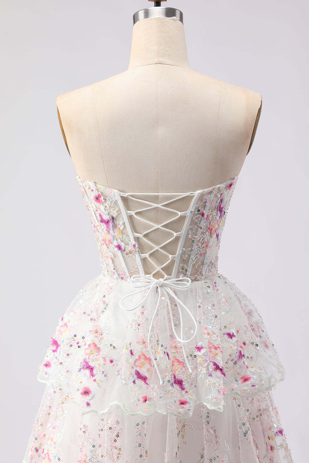 Floral White and Pink A Line Tiered Corset Lace Long Prom Dress