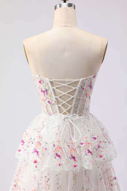 Floral White and Pink A Line Tiered Corset Lace Long Prom Dress
