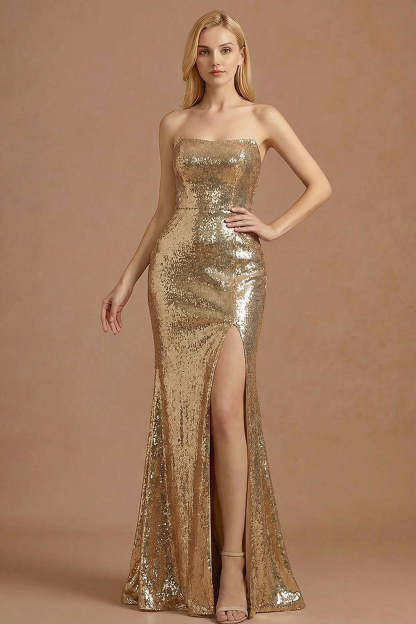 Leely Women Sparkly Golden Mermaid Sequined Maxi Prom Dress with Slit Strapless Sleeveless Pageant Dress