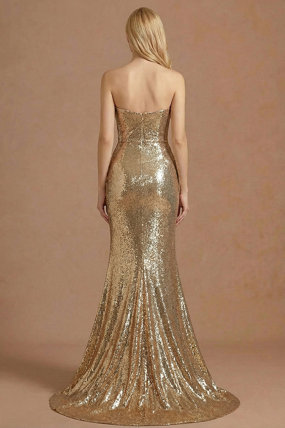 Sparkly Golden Sequined Mermaid Strapless Maxi Prom Dress with Slit