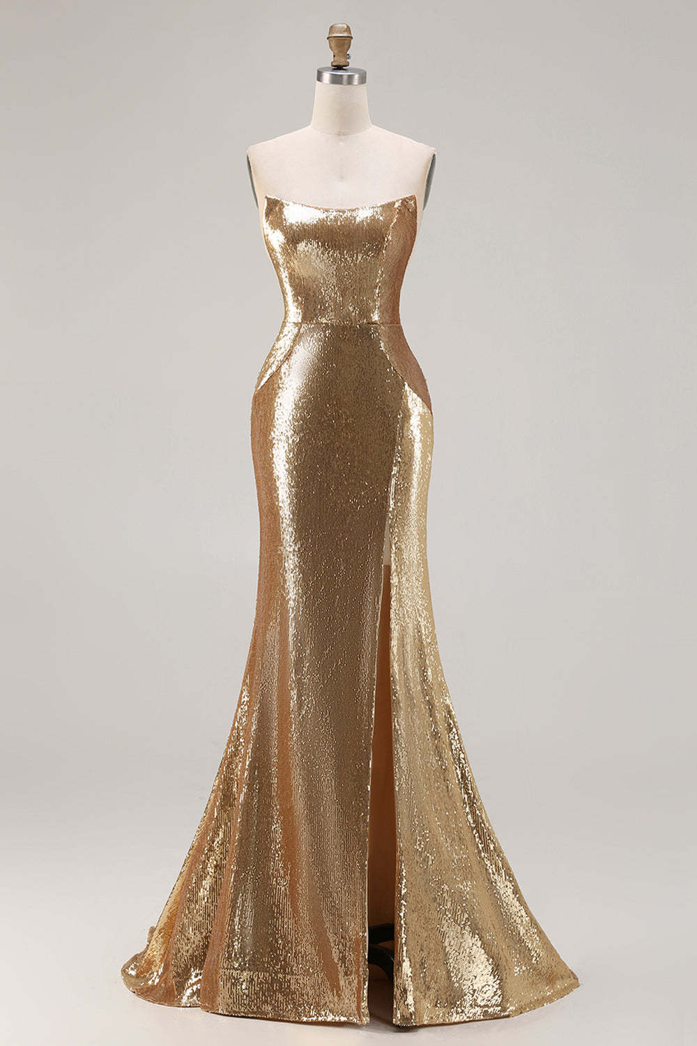 Sparkly Golden Sequined Mermaid Strapless Maxi Prom Dress with Slit