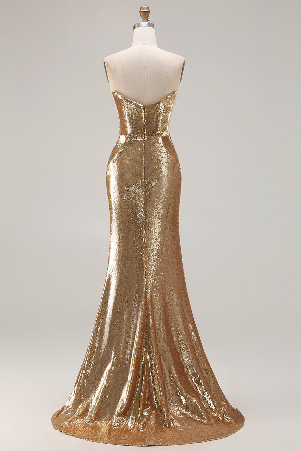 Sparkly Golden Sequined Mermaid Strapless Maxi Prom Dress with Slit