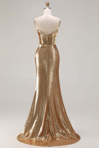 Sparkly Golden Sequined Mermaid Strapless Maxi Prom Dress with Slit