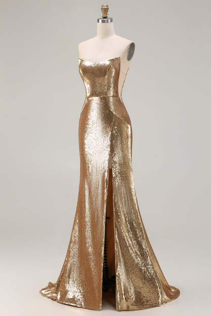 Sparkly Golden Sequined Mermaid Strapless Maxi Prom Dress with Slit