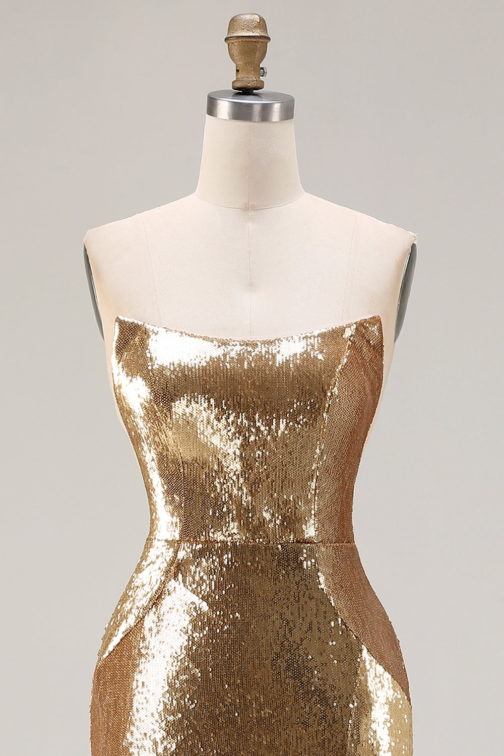 Sparkly Golden Sequined Mermaid Strapless Maxi Prom Dress with Slit