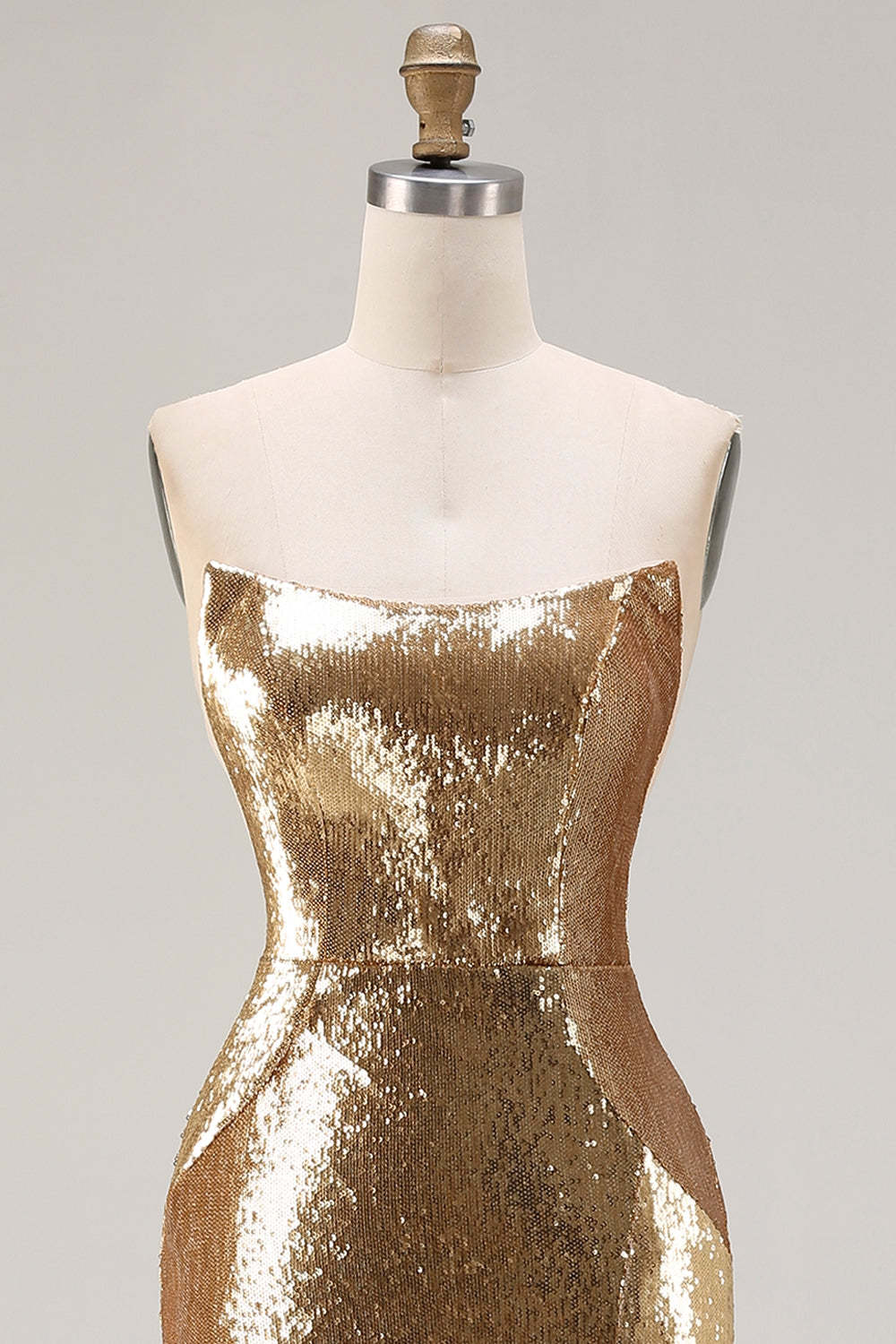 Sparkly Golden Sequined Mermaid Strapless Maxi Prom Dress with Slit