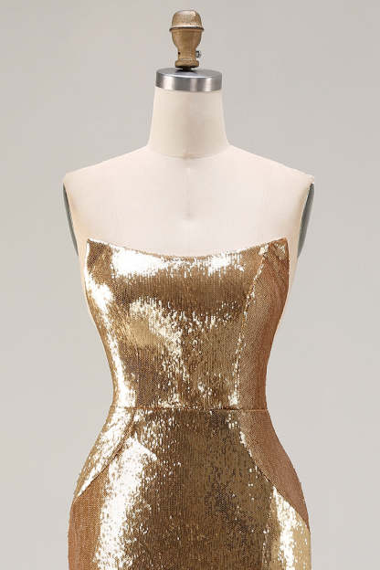 Sparkly Golden Sequined Mermaid Strapless Maxi Prom Dress with Slit