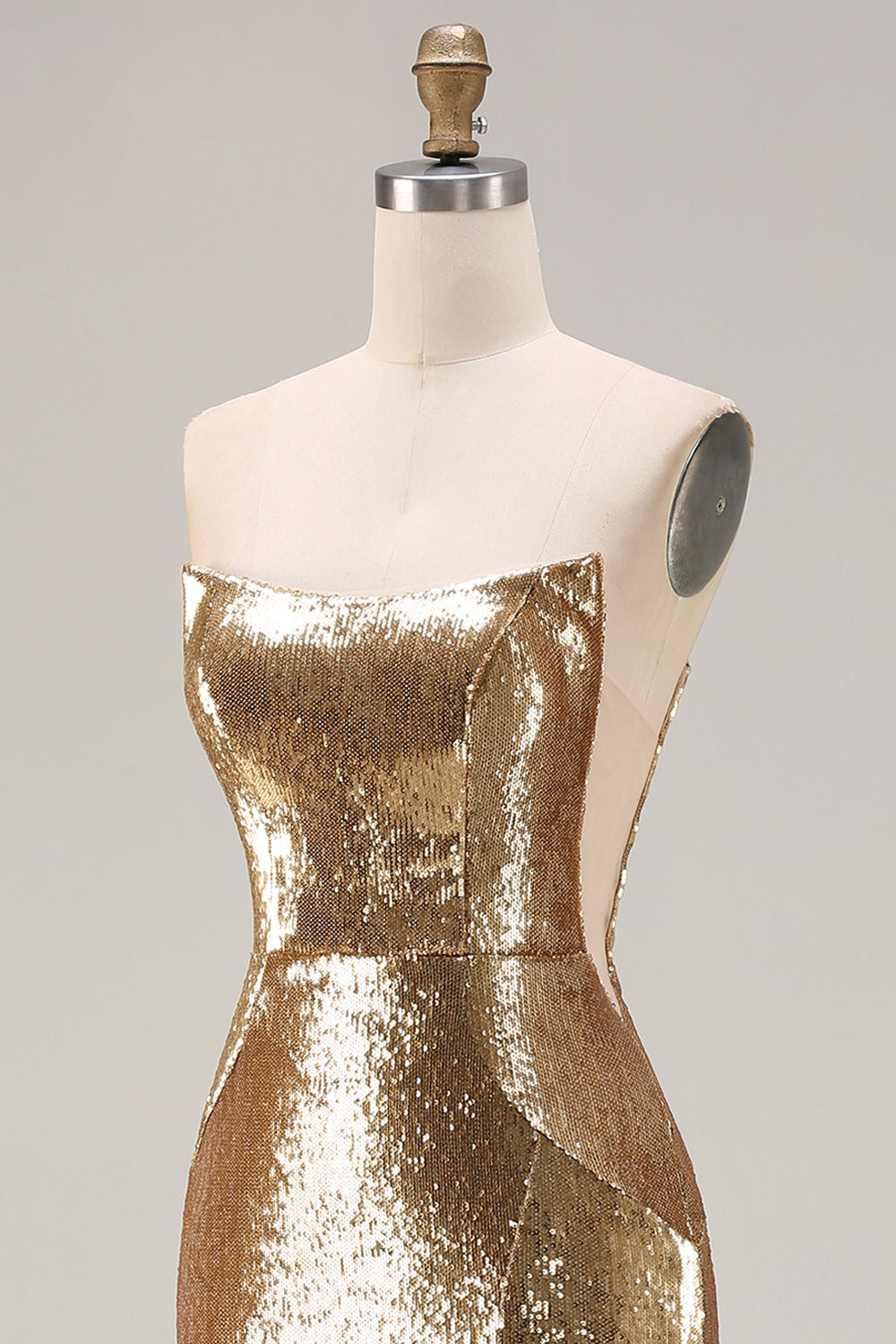 Sparkly Golden Sequined Mermaid Strapless Maxi Prom Dress with Slit