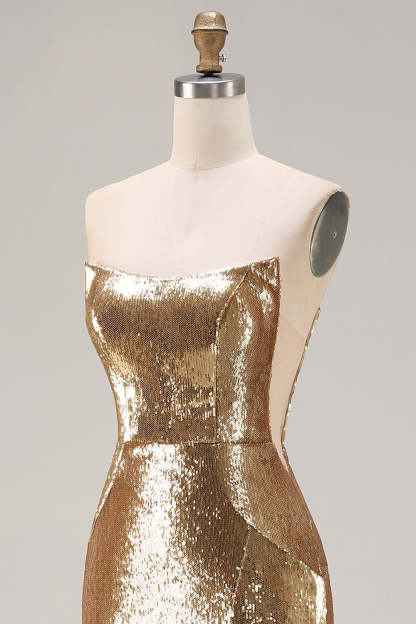 Sparkly Golden Sequined Mermaid Strapless Maxi Prom Dress with Slit