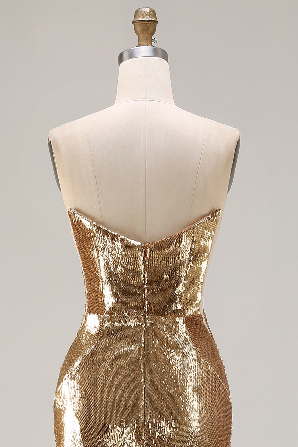 Sparkly Golden Sequined Mermaid Strapless Maxi Prom Dress with Slit