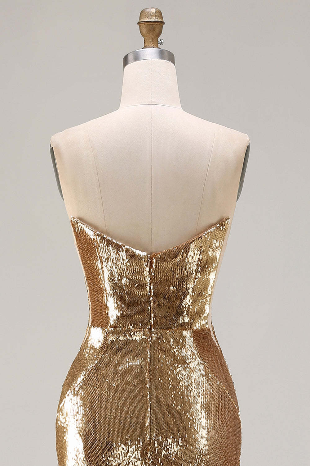 Sparkly Golden Sequined Mermaid Strapless Maxi Prom Dress with Slit