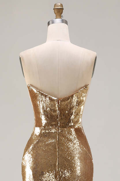 Sparkly Golden Sequined Mermaid Strapless Maxi Prom Dress with Slit
