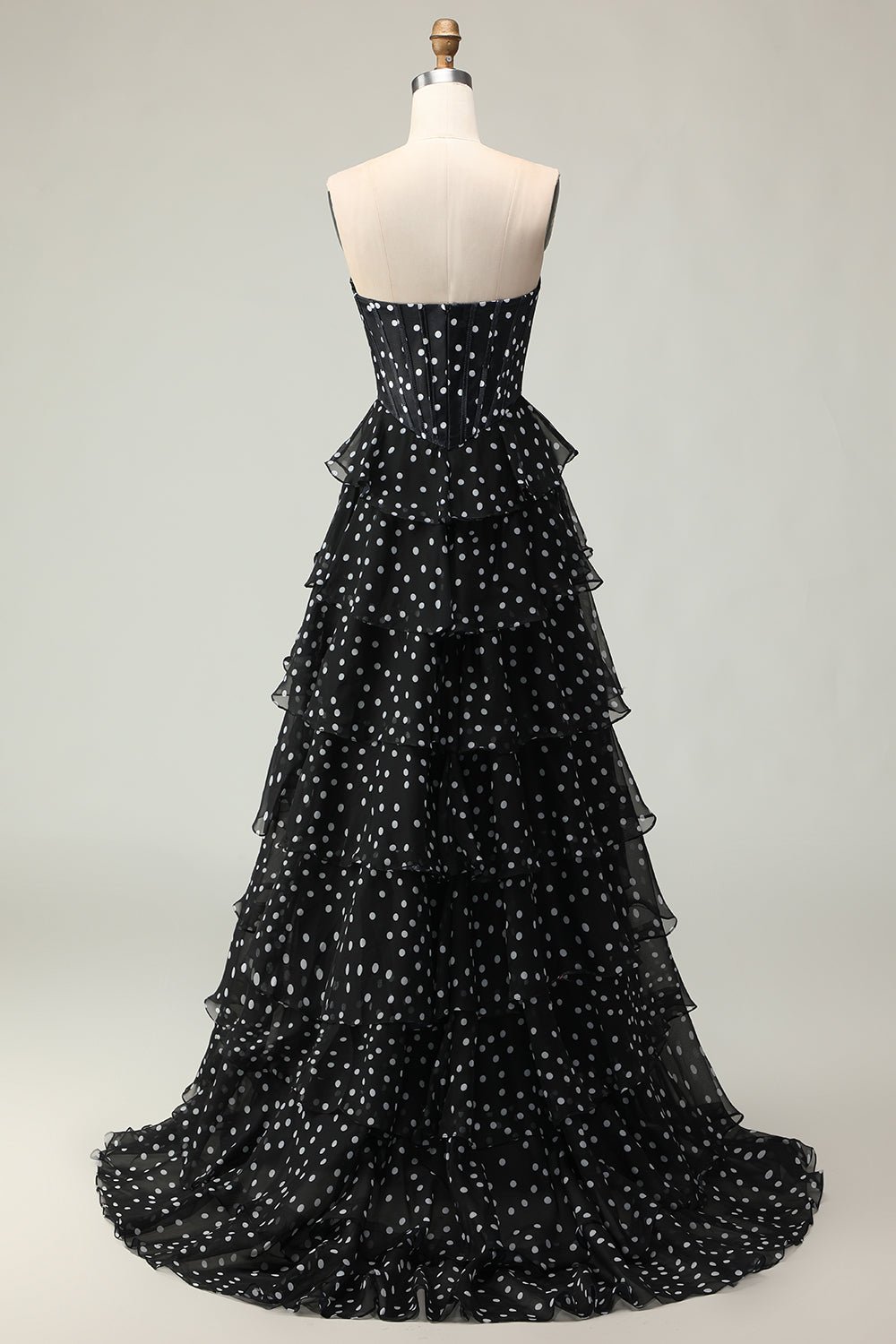 Sparkly Black and White Polka Dots Corset Long Ruffled Prom Dress