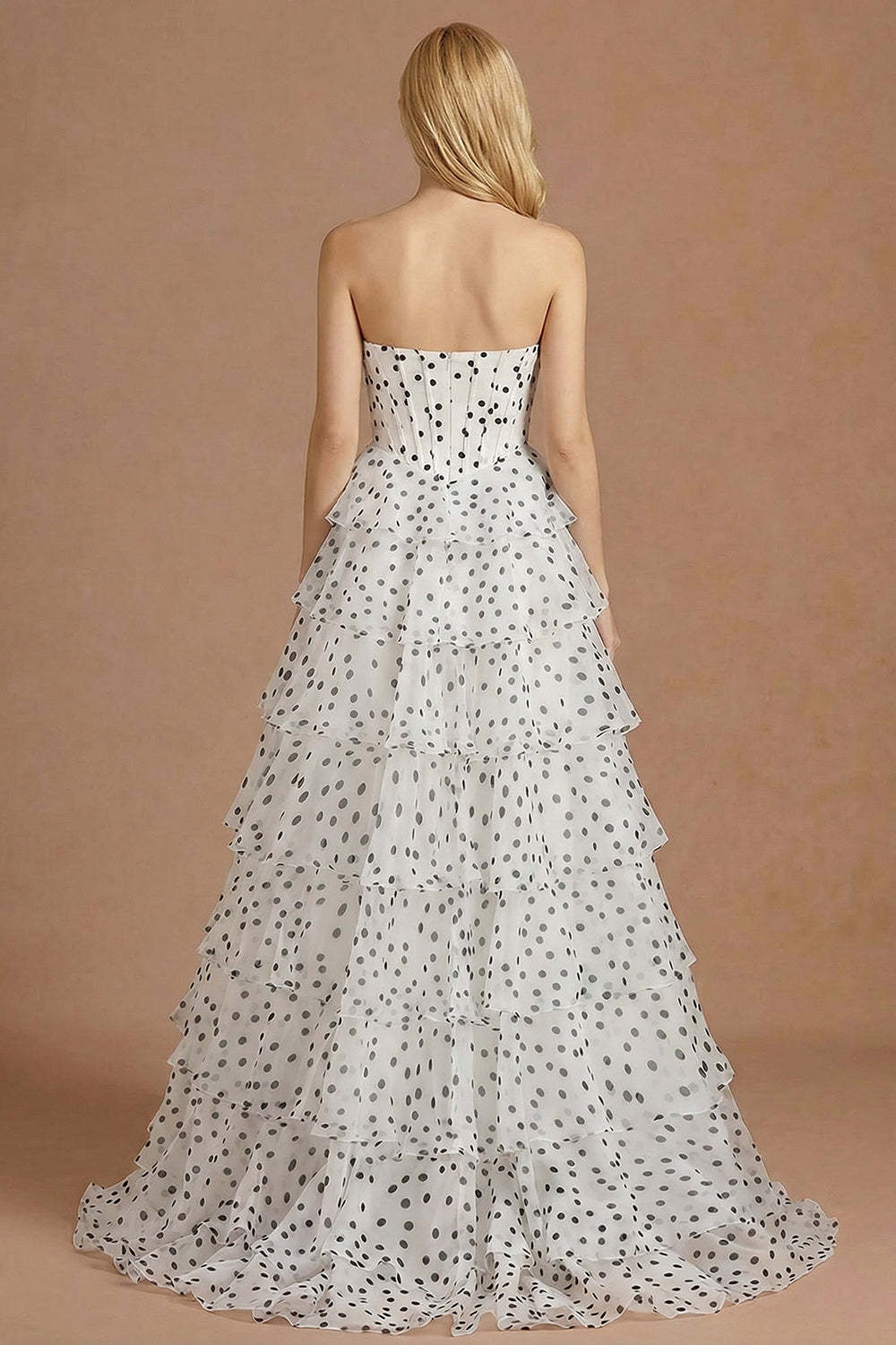 White Black Dot Ruffled A Line Corset Long Prom Dress with Slit