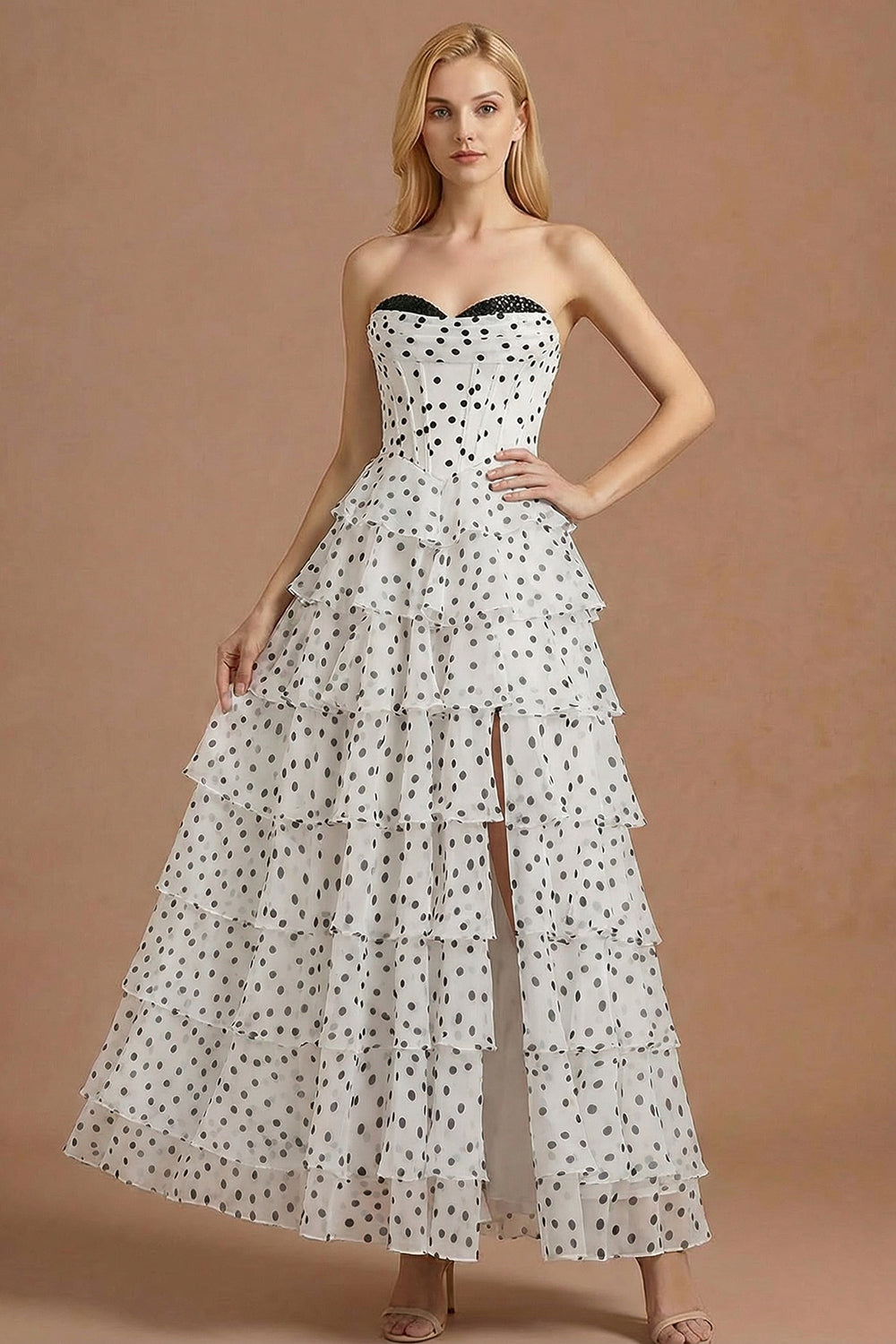 Leely Women White Black Dot A Line Ruffled Corset Long Prom Dress with Slit Sweetheart Tiered Backless Evening Dress