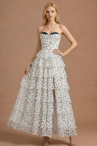 Leely Women White Black Dot A Line Ruffled Corset Long Prom Dress with Slit Sweetheart Tiered Backless Evening Dress