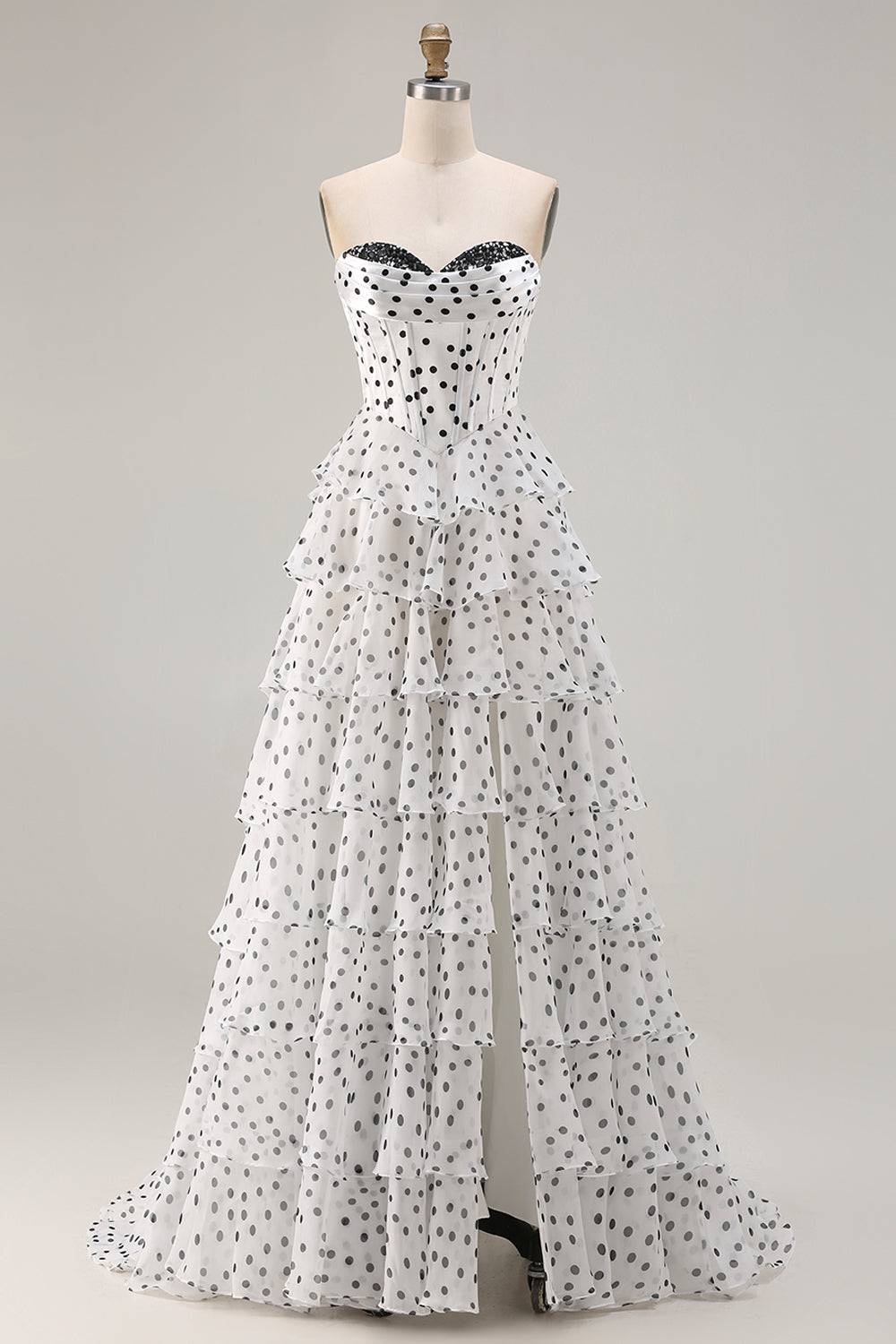 White Black Dot Ruffled A Line Corset Long Prom Dress with Slit