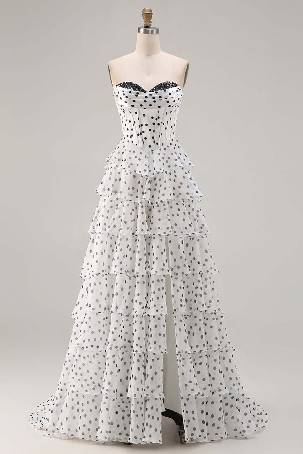 White Black Dot Ruffled A Line Corset Long Prom Dress with Slit