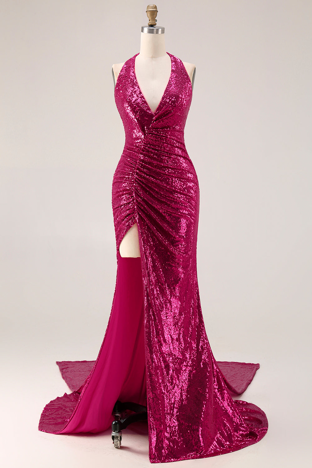 Leely Women Sparkly Fuchsia Sequin Mermaid Long Prom Dress with Cape Ruched Halter Neck Gala Dress with Slit