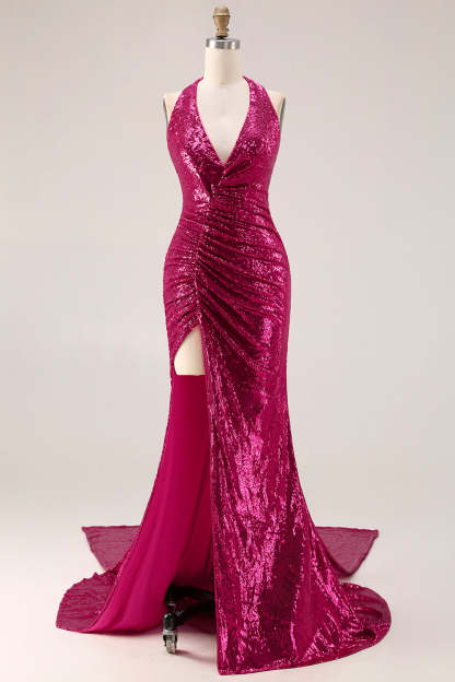 Leely Women Sparkly Fuchsia Sequin Mermaid Long Prom Dress with Cape Ruched Halter Neck Gala Dress with Slit