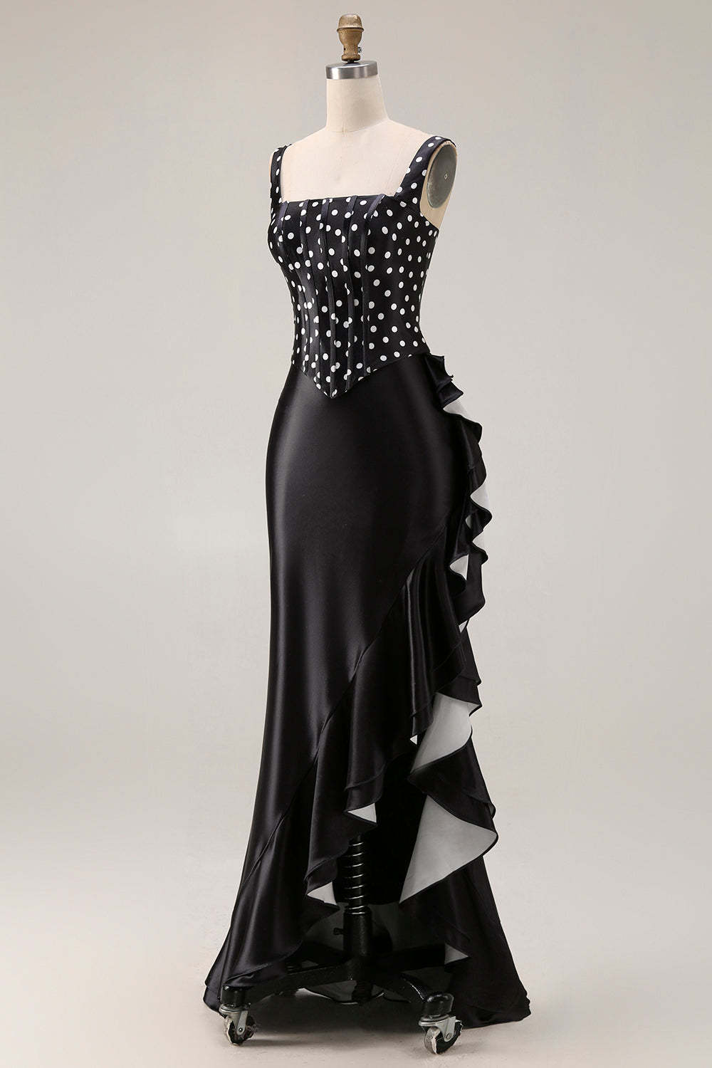 Black and White Polka Dots Mermaid Asymmetrical Corset Prom Dress with Ruffles