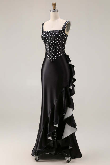 Black and White Polka Dots Mermaid Asymmetrical Corset Prom Dress with Ruffles