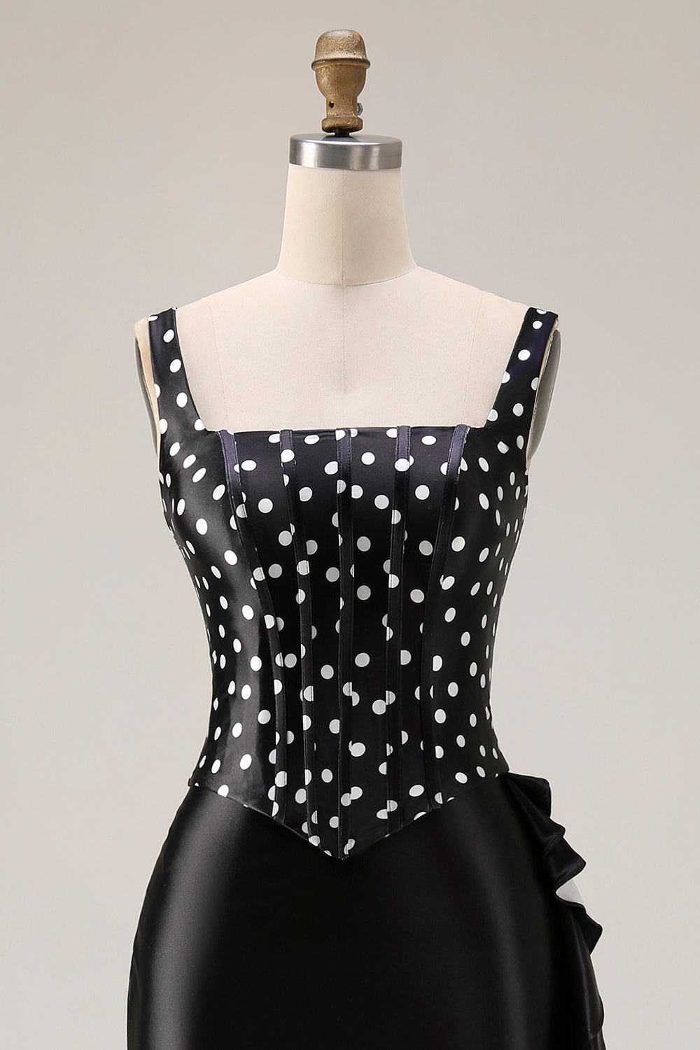 Black and White Polka Dots Mermaid Asymmetrical Corset Prom Dress with Ruffles