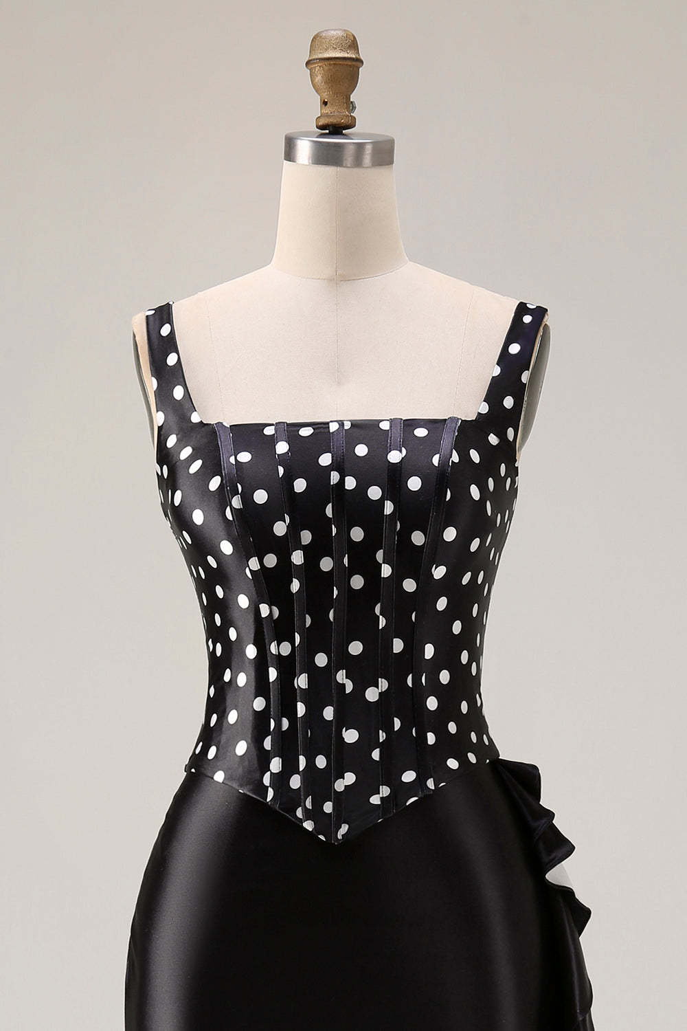 Black and White Polka Dots Mermaid Asymmetrical Corset Prom Dress with Ruffles