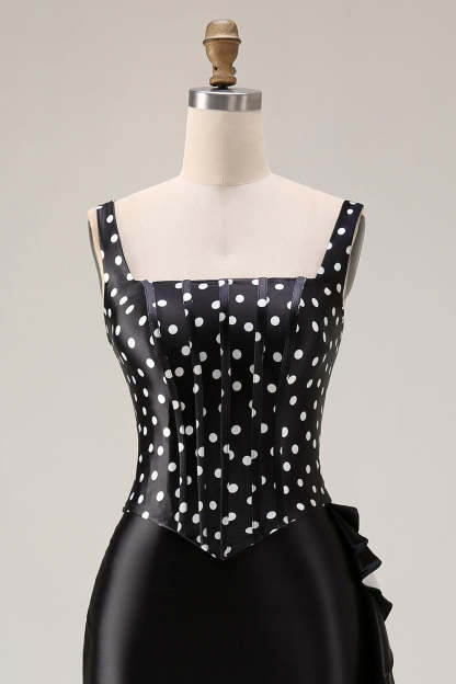 Black and White Polka Dots Mermaid Asymmetrical Corset Prom Dress with Ruffles